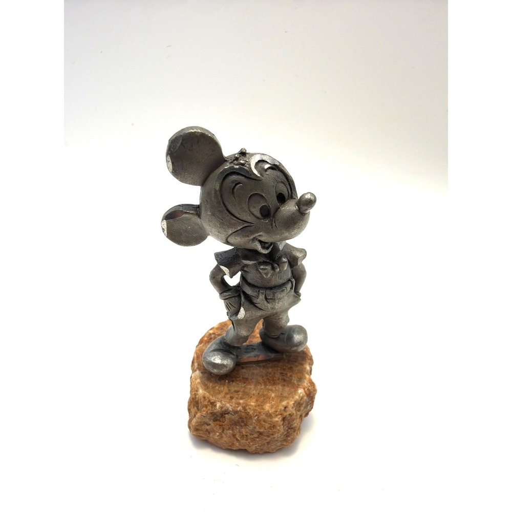 Vintage 70s Peltro Italy Mickey Mouse Pewter Figurine on Stone Base Disneyana